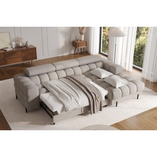 Canapé d'angle convertible FELIX tissu bouclette taupe, 5 places, angle droit (vu de face)