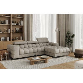 Canapé d'angle convertible FELIX tissu bouclette taupe, 5 places, angle droit (vu de face)