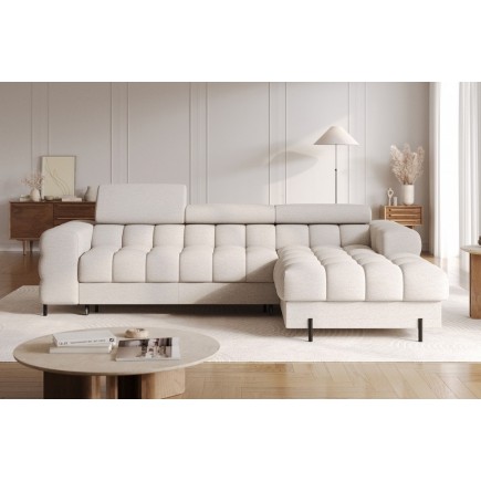 Canapé d'angle convertible FELIX tissu bouclette beige, 5 places, angle droit (vu de face)