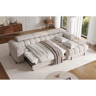 Canapé d'angle convertible FELIX tissu bouclette beige, 5 places, angle droit (vu de face)