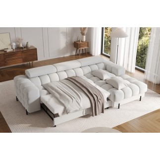 Canapé d'angle convertible FELIX tissu bouclette ivoire, 5 places, angle droit (vu de face)