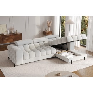 Canapé d'angle convertible FELIX tissu bouclette ivoire, 5 places, angle droit (vu de face)