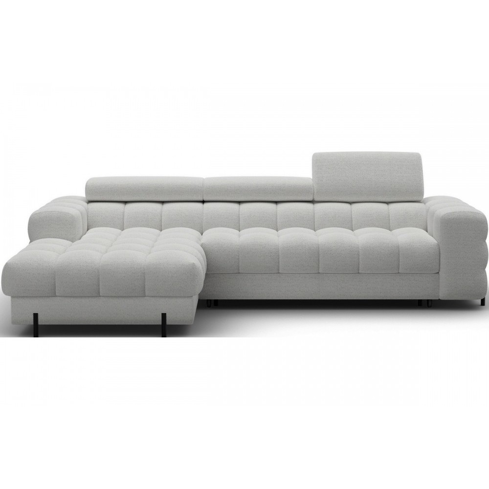 Canapé d'angle convertible FELIX en tissu bouclette gris clair, 5 places, angle gauche (vu de face)