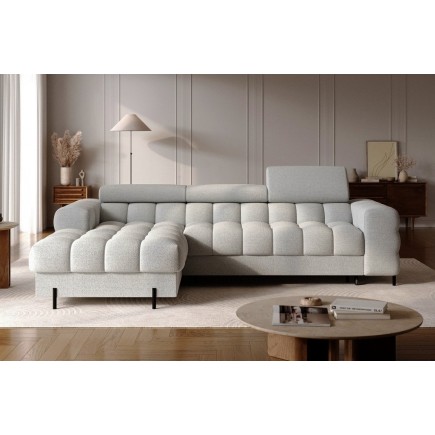 Canapé d'angle convertible FELIX en tissu bouclette gris clair, 5 places, angle gauche (vu de face)