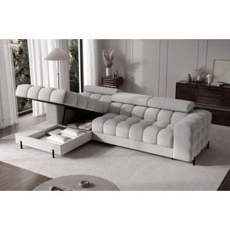 Canapé d'angle convertible FELIX en tissu bouclette gris clair, 5 places, angle gauche (vu de face)
