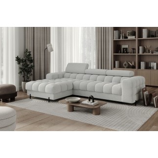 Canapé d'angle convertible FELIX en tissu bouclette gris clair, 5 places, angle gauche (vu de face)