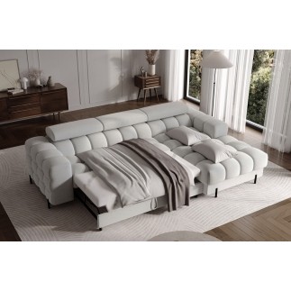Canapé d'angle convertible FELIX tissu bouclette gris clair, 5 places, angle droit (vu de face)