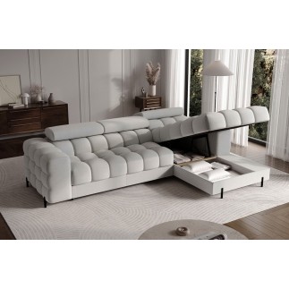 Canapé d'angle convertible FELIX tissu bouclette gris clair, 5 places, angle droit (vu de face)
