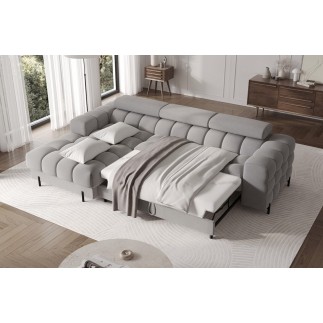 Canapé d'angle convertible FELIX VELOURS en velours gris 5 places, angle gauche (vu de face)