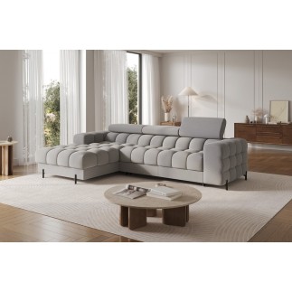 Canapé d'angle convertible FELIX VELOURS en velours gris 5 places, angle gauche (vu de face)