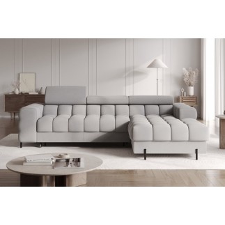 Canapé d'angle convertible FELIX VELOURS en velours gris, 5 places, angle droit (vu de face)