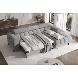 Canapé d'angle convertible FELIX VELOURS en velours gris, 5 places, angle droit (vu de face)