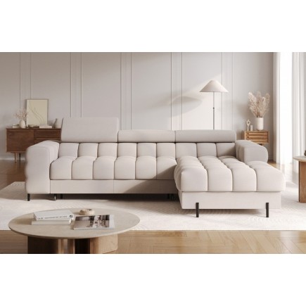 Canapé d'angle convertible FELIX VELOURS en velours beige, 5 places, angle droit (vu de face)