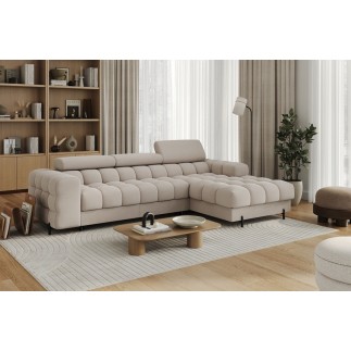 Canapé d'angle convertible FELIX VELOURS en velours beige, 5 places, angle droit (vu de face)