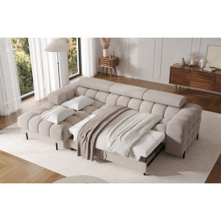 Canapé d'angle convertible FELIX VELOURS en velours beige 5 places, angle gauche (vu de face)