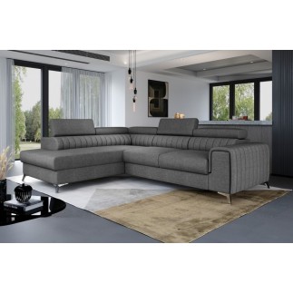 - Canapé d'angle convertible LARRY TISSU gris foncé 5 places angle gauche (vu de face)