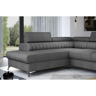 - Canapé d'angle convertible LARRY TISSU gris foncé 5 places angle gauche (vu de face)