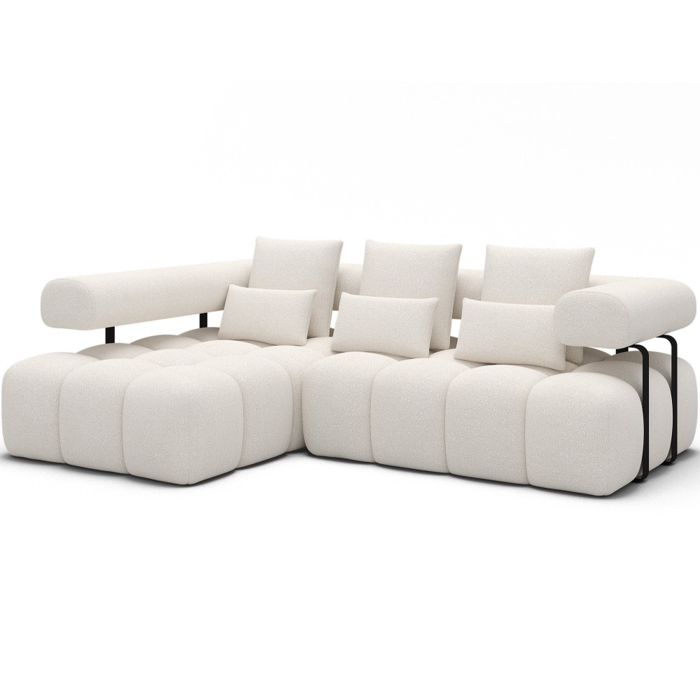 Canapé d'angle convertible en tissu bouclette blanc cassé luxe 5 places LEONI, angle gauche (vu de face) Canapé d'angle convertible en tissu bouclette blanc cassé luxe 5 places LEONI, angle gauche (vu de face)