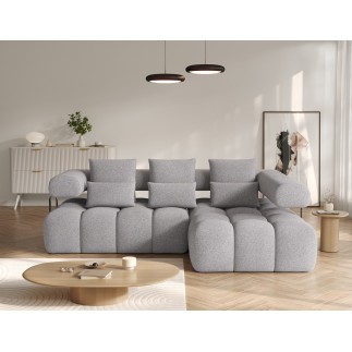 Canapé d'angle convertible en tissu très doux luxe gris 5 places LEONI, angle droit (vu de face)