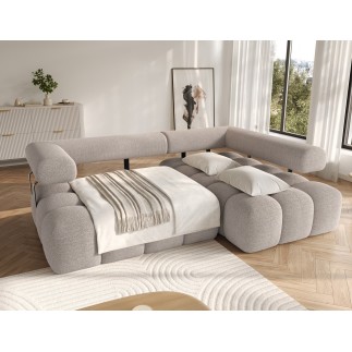 Canapé d'angle convertible en tissu bouclette beige luxe 5 places LEONI