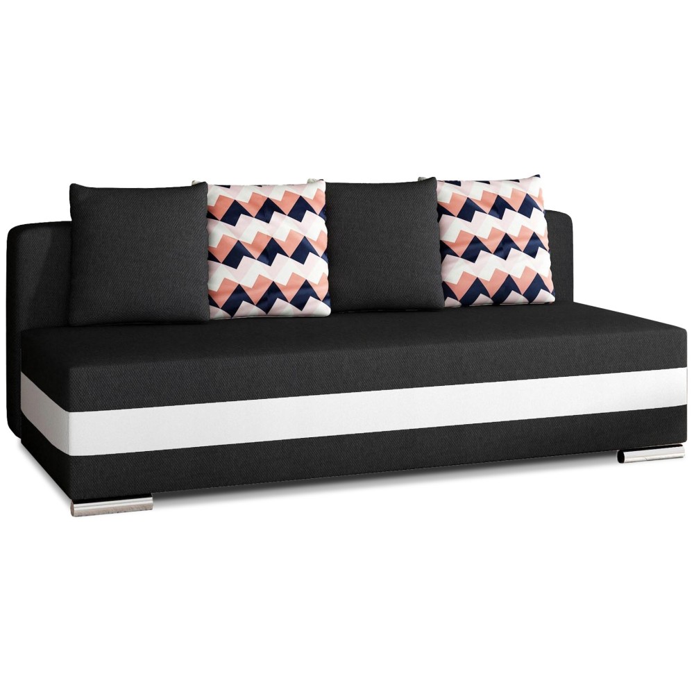 Canapé 3 places convertible tissu noir et simili blanc, coffre, CALIN