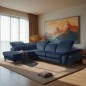 Canapé d'angle avec relax électrique tissu bouclette sensation velours, 5/6 places SINATRA, bleu foncé, angle droit