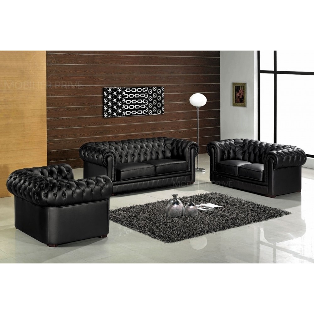 Ensemble 3+2+1, canapé 3 places et canapé 2 places et fauteuil 1 place en cuir luxe italien CHESTERFIELD, noir Ensemble 3+2+1, canapé 3 places et canapé 2 places et fauteuil 1 place en cuir luxe italien CHESTERFIELD, noir