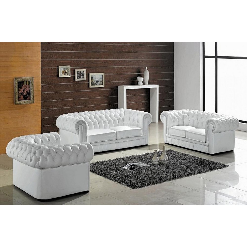 Ensemble 3+2+1, canapé 3 places et canapé 2 places et fauteuil 1 place en cuir luxe italien CHESTERFIELD, blanc Ensemble 3+2+1, canapé 3 places et canapé 2 places et fauteuil 1 place en cuir luxe italien CHESTERFIELD, blanc