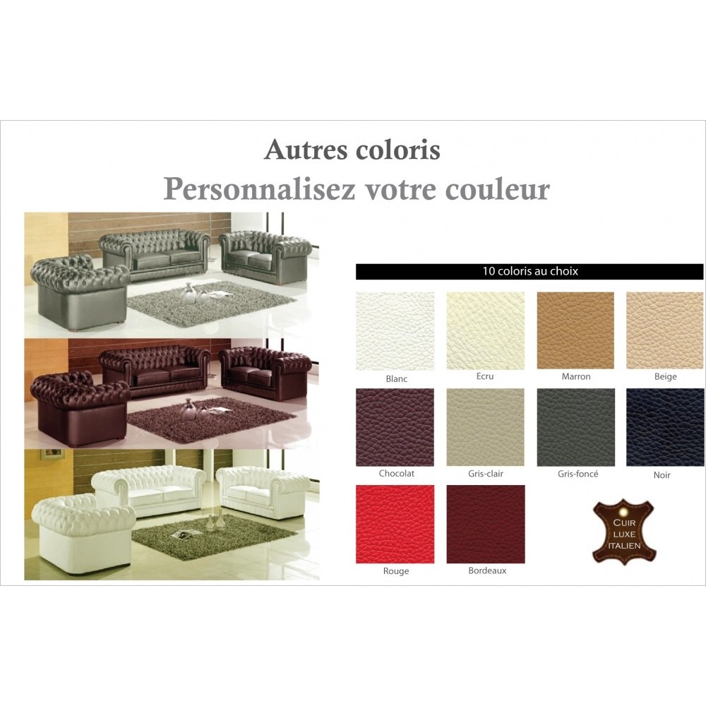Ensemble 3+2+1, canapé 3 places et canapé 2 places et fauteuil 1 place en cuir luxe italien CHESTERFIELD, couleur personnalisée Ensemble 3+2+1, canapé 3 places et canapé 2 places et fauteuil 1 place en cuir luxe italien CHESTERFIELD, couleur personnalisée