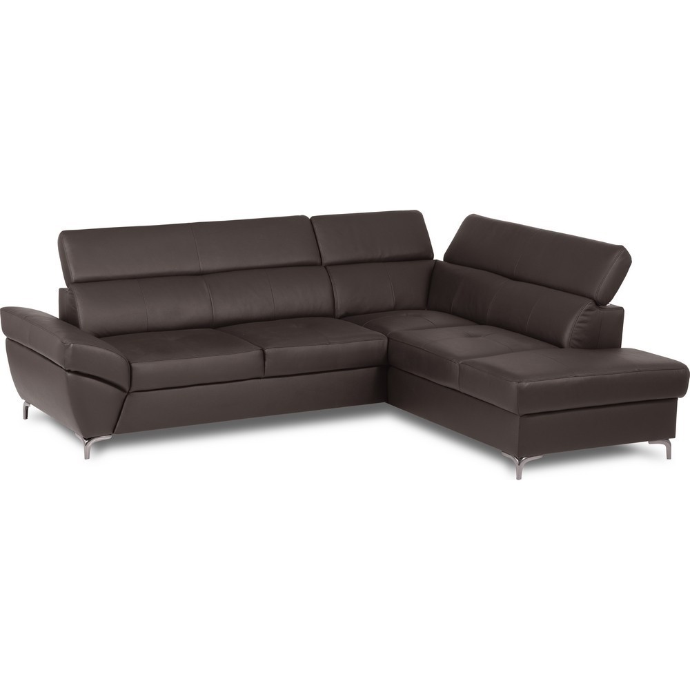 Canapé d'angle convertible en cuir italien luxe 5 places, MEMEZO, coffre, CHOCOLAT, angle droit