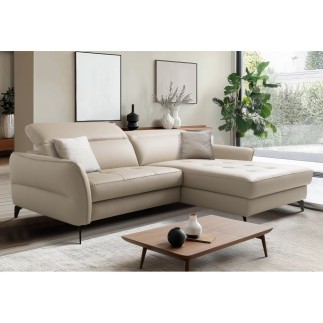 Canapé d'angle convertible en cuir italien luxe 5 places, MANZONI, coffre, beige, angle droit