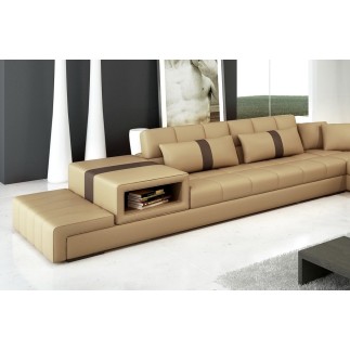 Canapé d'angle en cuir italien 6/7 places PASSION, beige et chocolat, angle gauche