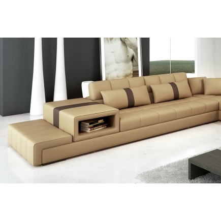 Canapé d'angle en cuir italien 6/7 places PASSION, beige et chocolat, angle gauche
