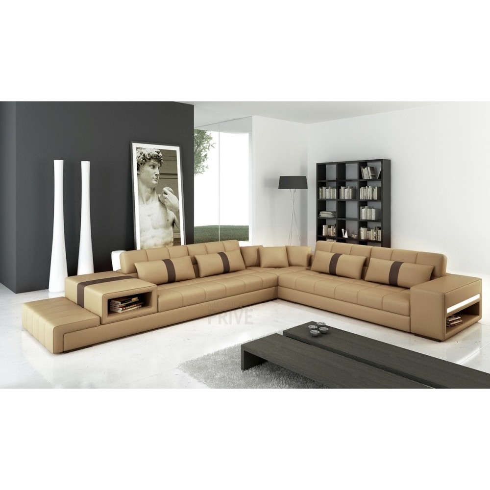Canapé d'angle en cuir italien 6/7 places PASSION, beige et chocolat, angle droit