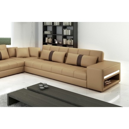 Canapé d'angle en cuir italien 6/7 places PASSION, beige et chocolat, angle droit