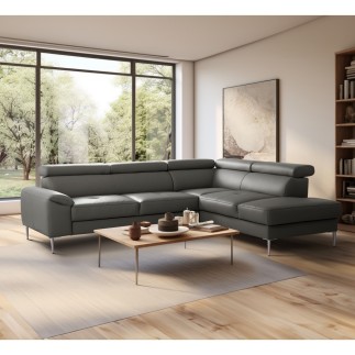 Canapé d'angle convertible en cuir italien luxe 5 places, Hombourg, coffre, gris foncé, angle droit