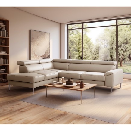 Canapé d'angle convertible en cuir italien luxe 5 places, Hombourg, coffre, beige, angle gauche