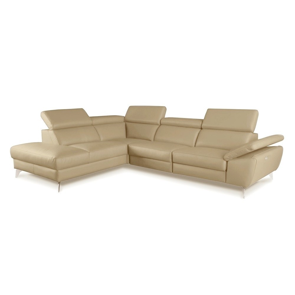 Canapé d'angle relax 100% tout cuir épais luxe italien 1 relax électrique 5/6 places KASTER beige angle gauche