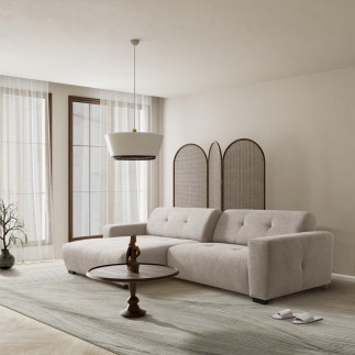 Canapé d'angle profondeur réglable AUSTINI tissu de qualité beige 4 places, angle gauche (vu de face)