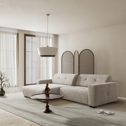 Canapé d'angle profondeur réglable AUSTINI tissu de qualité beige 4 places, angle gauche (vu de face)