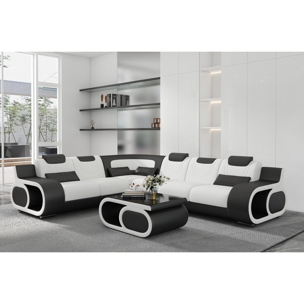 canapé d'angle cuir italien 7 places luxembourg, blanc et noir, angle gauche, Table basse luxia blanc/noir, tota canapé d'angle cuir italien 7 places luxembourg, blanc et noir, angle gauche, Table basse luxia blanc/noir, tota
