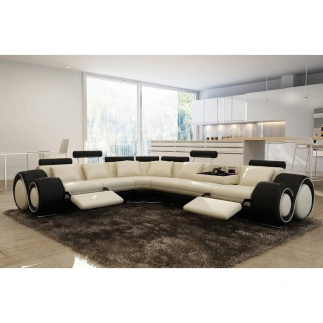 Canapé d'angle en cuir italien 7 places excelia, noir et blanc, angle gauche - Mobilier Privé