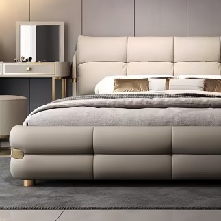 Lit design en cuir italien luxe VARESI avec sommier à lattes offert, beige, 140x200