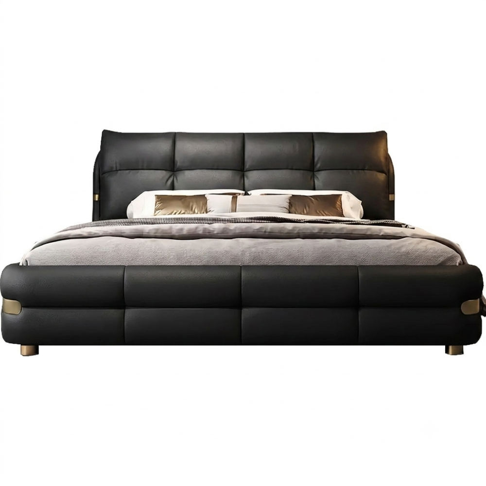 Lit design en cuir italien luxe VARESI avec sommier à lattes offert, noir, 140x200 Lit design en cuir italien luxe VARESI avec sommier à lattes offert, noir, 140x200
