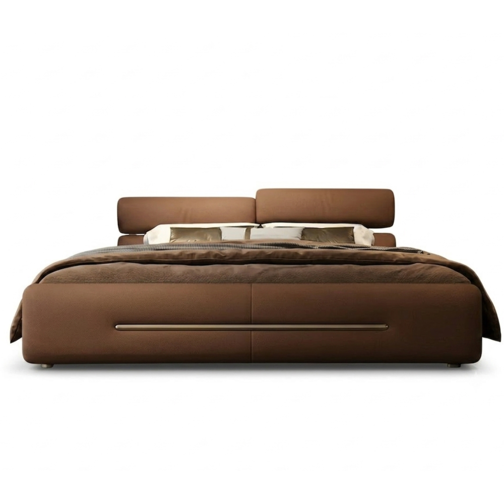 Lit design en cuir italien luxe FEROLI + sommier à lattes, marron Lit design en cuir italien luxe FEROLI + sommier à lattes, marron