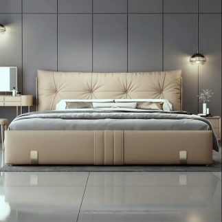 Lit design en cuir italien luxe LORNA avec sommier à lattes inclus, beige