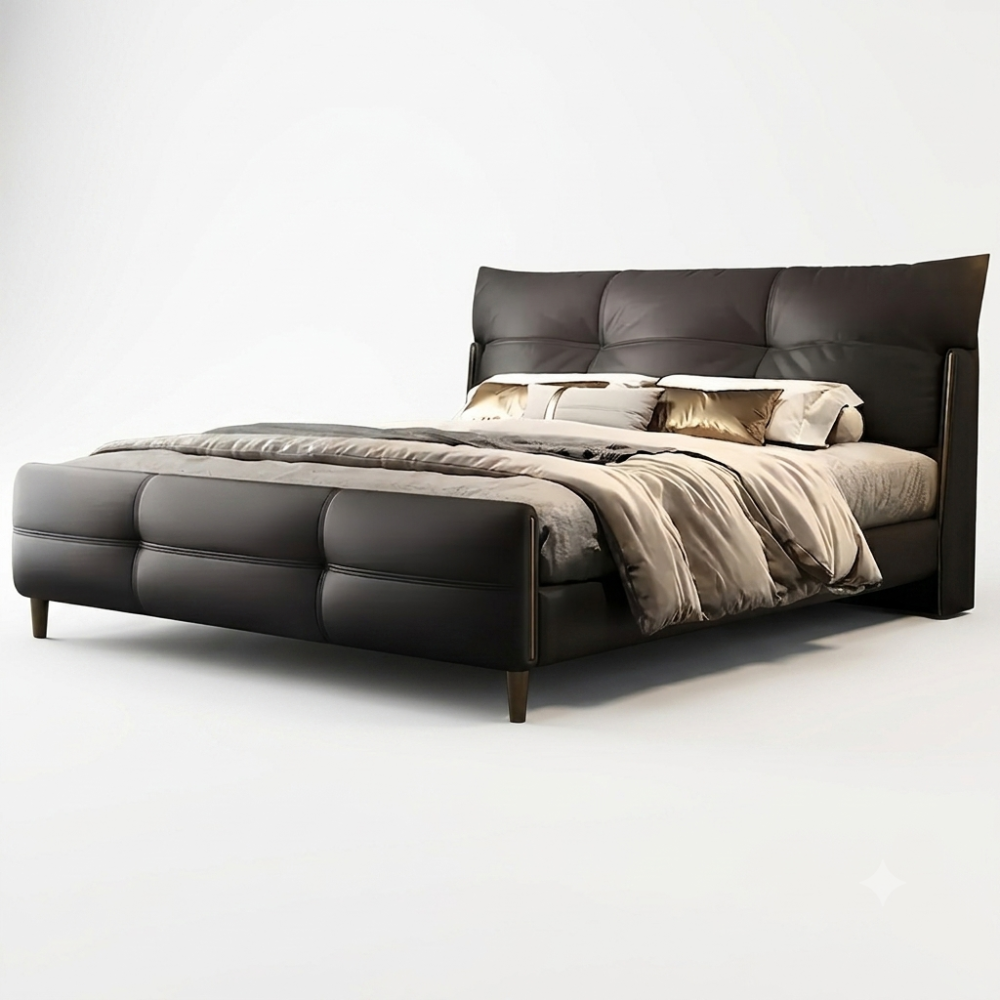 Lit design en cuir italien luxe AMALFI avec sommier à lattes inclus, noir