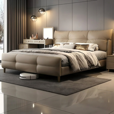 Lit design en cuir italien luxe AMALFI avec sommier à lattes inclus, beige