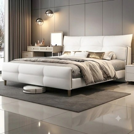 Lit design en cuir italien luxe AMALFI avec sommier à lattes inclus, blanc