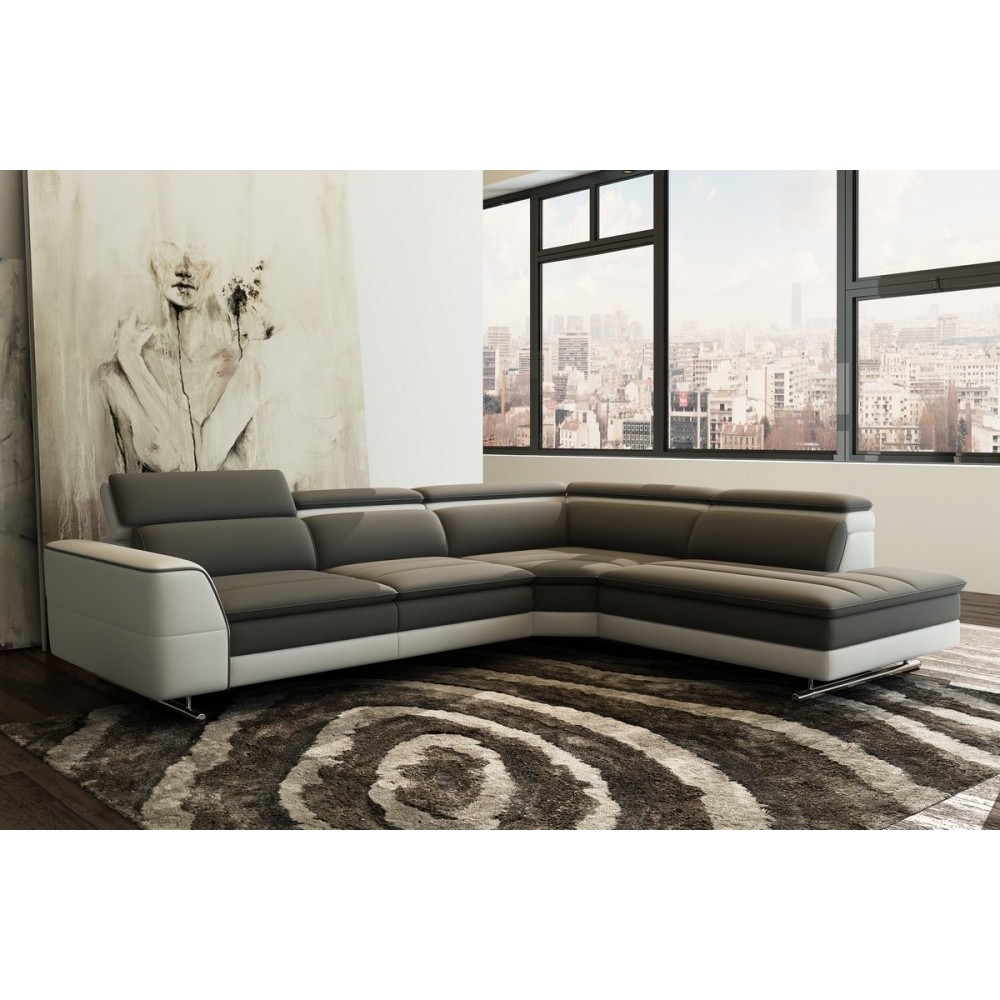 Canapé d'angle en cuir italien 5/6 places RELAXIMO, gris foncé et blanc, angle droit